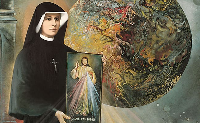 A portrait of Saint Faustina in a black habit, holding an image of Jesus with the inscription 'Jezu, ufam Tobie' against a vibrant, abstract background symbolizing divine mercy.